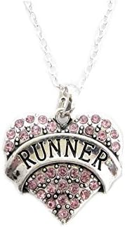 Runner Pink Crystals Heart Silver Chain Necklace