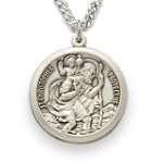 Sterling Silver 1" Round Engraved St. Christopher Medal on 24" Chain