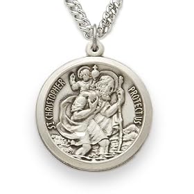 Sterling Silver 1" Round Engraved St. Christopher Medal on 24" Chain