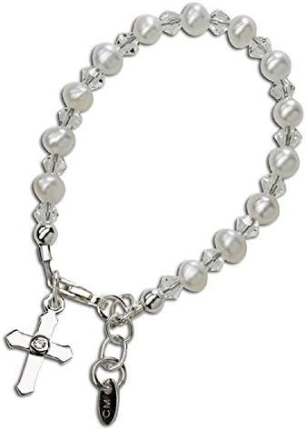 Girls Bracelet, Size Large 6-13 Years, Beautiful Keepsake Bracelet with Imitation Pearls and Crystals Accented with a Dainty Cross - Perfect for Christenings, Dedications, Baptism or Communion!