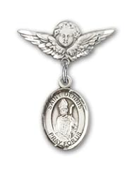 Sterling Silver Baby Badge with St. Dennis Charm and Angel with Wings Badge Pin