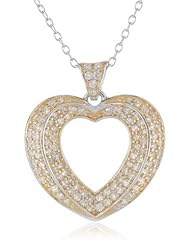 18k Yellow Gold Plated Sterling Silver Two-Tone Simulated Diamond Open Heart Pendant Necklace, 18"
