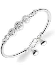 Fashion Plaza Girls 990 Sterling Silver Bangle Bracelet with Shining Beads Jingle Bells 6" long 11g weight Y57