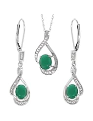 14K White Gold Natural Emerald Lever Back Earrings & Pendant Set Diamond Accent