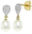 14k Two-Tone Gold Dangle Earrings with Pearls & Diamonds
