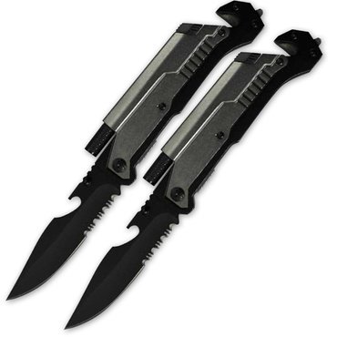 2X 2 Rogue River Tactical 6-in-1 Multitool Rescue Knife with Flint Fire Starter, LED Flashlight, Bottle Opener, Belt Cutter and Windows Breaker SILVER Drop Point Blade
