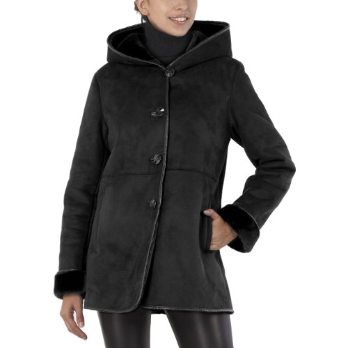 BGSD Women's Hooded Faux Shearling Coat with Faux Leather Trim in Black or Chocolate product image