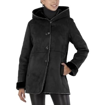 BGSD Women's Hooded Faux Shearling Coat with Faux Leather Trim in Black or Chocolate