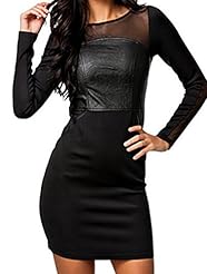 Long Sleeves Bateau Neck Round Neck Mesh Leather/Polyester/Spandex Bodycon Dress/Party Dress/Mini Dress 
