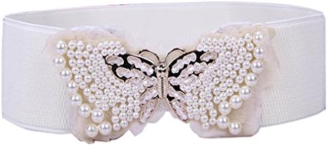 Fajarina Pearl Elastic Butterfly Ladies Wide Belt (63cm(fit for 63-80cm waist), White)