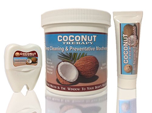3 Piece Oil Pulling Coconut Therapy Oral Kit:16oz Coconut Oil Mouthwash,Coconut Oil Floss&(#1 Best Tasting)All Natural Coconut Oil Toothpaste!See our 4oz tthpste &Travel kit,Foot Cream,Organic Hand Cream