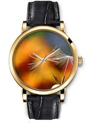 SPRAWL Aanalog Fashion Series Gold Ladies Watches of Genuine Black Leather Strap,Unique Wrist Watch for Women Girls Designed with Dandelion