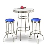 Chrome Bar Table & 2 Chrome Glitter Blue Vinyl Seat Barstools