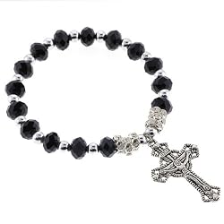 Religious Bracelet with Black Rondell Faceted Beads and Crucifix- 5'' Overall Length - 7'' Stretchy Bracelet