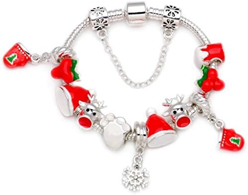 Christmas Gift New Chistmas Santa Hat Candle Glover Red Christmas Fruit Reindeer Head Charm Bead Complete Silver Plated Charm Bracelet Jewelry for Kids Children Teens