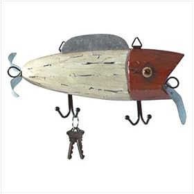 WOOD FISH FISHING LURE STYLE METAL COAT KEY HOOK PLAQUE