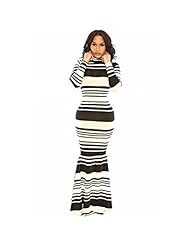 Sexy Long Sleeves Striped Print High-Neck Turtleneck Mermaid Maxi Dress 