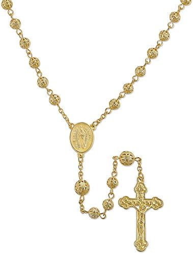 30" Rosary Necklace 14k Yellow Gold Rosary Necklace Yellow Gold Over Brass Oval Lady De Guadalupe Jesus Crucified Cross Rosary Laser Cut Beaded Rosary