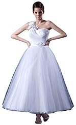 Ankle Length Satin/Tulle Asymmetric Beaded Crystal Ruched Fitted Floral Print  One Shoulder  Ball Gown Wedding Dress 