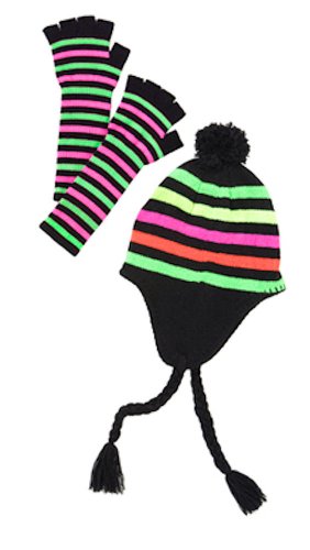 Girls Neon Rainbow Stripe Hat & Fingerless Glove Set