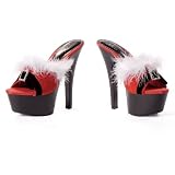 Women's Sexy Faux Fur Slide Shoes 6 Inch Sandal with Buckle and Marabou Red
