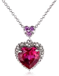 Sterling Silver Heart Created Ruby with Created Pink Sapphire and Diamond Pendant Necklace, 18"