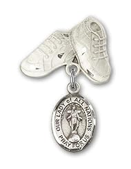 Sterling Silver Baby Badge with Our Lady of All Nations Charm and Baby Boots Pin