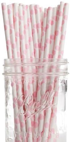 icarekit 25 PCS Paper Drinking Straws for Birthday Festival Table Decorations (Pink polka dot on white)