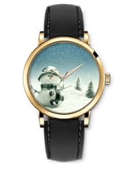 SPRAWL Aanalog Fashion Series Gold Ladies Watches of Genuine Black Leather Strap,Unique Wrist Watch for Women Girls Designed with Snowman in the snow