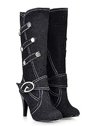 Shoes: Sfnld Womens Fall Spring Mid Calf Denim Stiletto Boots Black 9.5 B(M) US