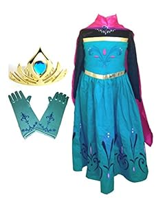 American vogue Elsa Coronation Dress Costume + Cape + Gloves + Tiara Crown (7 Years, Blue)