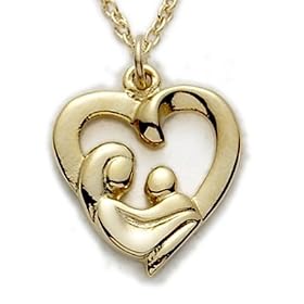 5/8" 24K Gold Over Sterling Silver Pierced Mother and Child Heart Necklace on 18" Chain