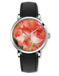 SPRAWL Aanalog Fashion Series Silver Ladies Watches of Genuine Black Leather Strap,Unique Wrist Watch for Women Girls Designed with Petal pink and orange light