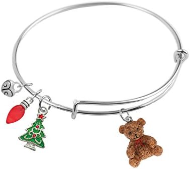65 mm, Expandable Bangle bracelet with 3-D Teddy Bear, Christmas Tree, Christmas Light, and Small Heart Charms, Qty:1