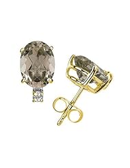 12X10mm Oval Smokey Quartz and Diamond Stud Earrings in 14K Yellow Gold