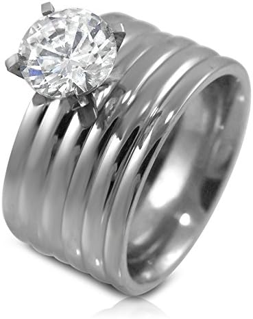 Pascollato 2 carat Silver Stainless Steel CZ Wide Wedding Ring Set Round Cut 2pc Bridal Set