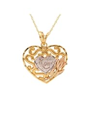 Klassics 10k Gold Two-Tone Polished Diamond Cut Swirl Heart with "MOM" Pendant Necklace, 18"