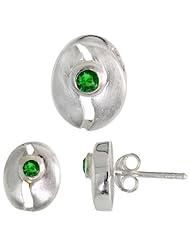 Sterling Silver Matte-finish Cracked Egg Style Earrings (10mm tall) & Pendant Slide (11mm tall) Set, w/ Brilliant Cut Emerald-colored CZ Stones