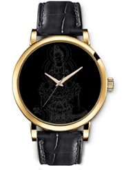 SPRAWL Aanalog Fashion Series Gold Ladies Watches of Genuine Black Leather Strap,Unique Wrist Watch for Women Girls Designed with Figure of a Chinese goddess