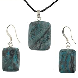 Blue Laugna Lace Agate Rectangle Pendant and Earring Set - Pendant (17x22mm), Earrings (14x19mm) - Adjustable Cord Necklace