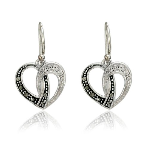 Sterling Silver Marcasite and Crystal Heart Wire Earrings