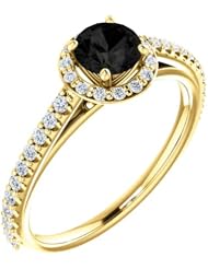 14K Yellow Gold Round Cut Black and White Diamond Halo-Style Ring -- LIFETIME WARRANTY