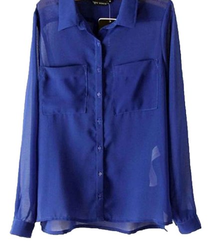 Women's Candy Color Sexy Sheer Chiffon Blouse Buttom Down Shirt Tops See-Through (S, Blue)