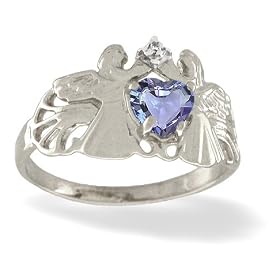 14K White Gold Genuine Heart Tanzanite and Diamond Angels Ring by Jewels For Me