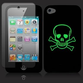 APPLE IPOD TOUCH 4TH GENERATION SKULL & CROSSBONES LASERED GLOW-IN-THE-DARK SOFT SILICONE SKIN / COVER / CASE / SHELL / GEL - BLACK/WHITE, WITH SCREEN PROTECTOR PART OF THE QUBITS ACCESSORIES RANGE