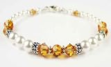 November Yellow Topaz Birthstone Bracelets: Swarovski Crystal Beaded Pearl Bracelets in Sterling Silver