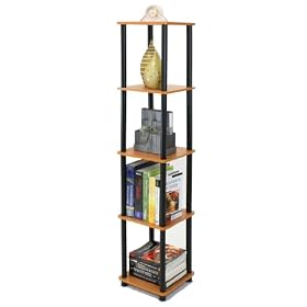 Furinno 5 Tier Corner Rack Bookcase Shelves Stand Display Rack Hold for Multimedia CD DVD, Display, Book, Light Cherry Finish, 99132