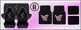 15 Piece Auto Interior Gift Set - Multiple Pink Butterflies - A Set of 2 Seat Covers, 1 Rear Bench Cover, 1 Steering Wheel, a Set of 2 Seat Belt Pads, and a Set of 4 Plush Carpet Floor Mats