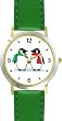 Two Penguins each in Christmas Scarf - JP - WATCHBUDDY&reg; DELUXE TWO-TONE THEME WATCH - Arabic Numbers - Green Leather Strap-Size-Children's Size-Small ( Boy's Size & Girl's Size )