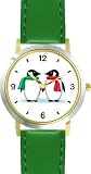 Two Penguins each in Christmas Scarf - JP - WATCHBUDDY&reg; DELUXE TWO-TONE THEME WATCH - Arabic Numbers - Green Leather Strap-Size-Children's Size-Small ( Boy's Size & Girl's Size )